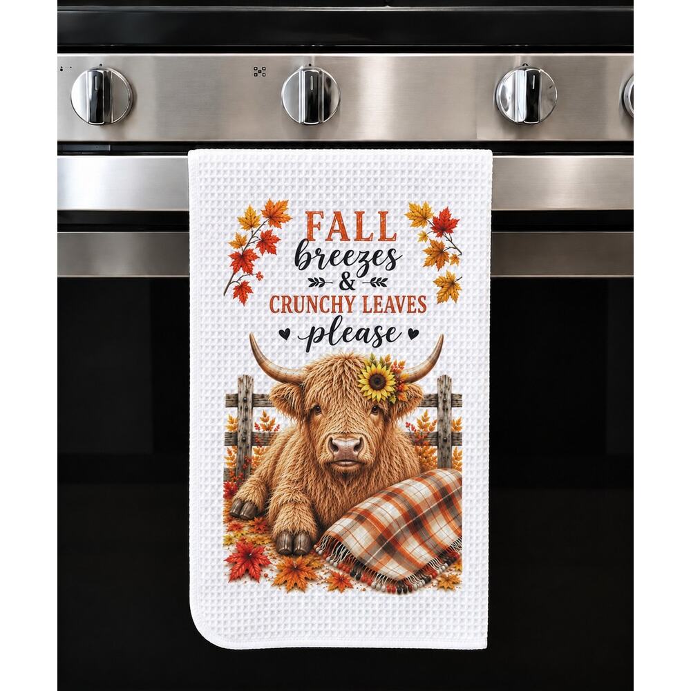 Fall Breezes & Crunchy Leaves Highland Cow Kitchen Towel Farmhouse Decor